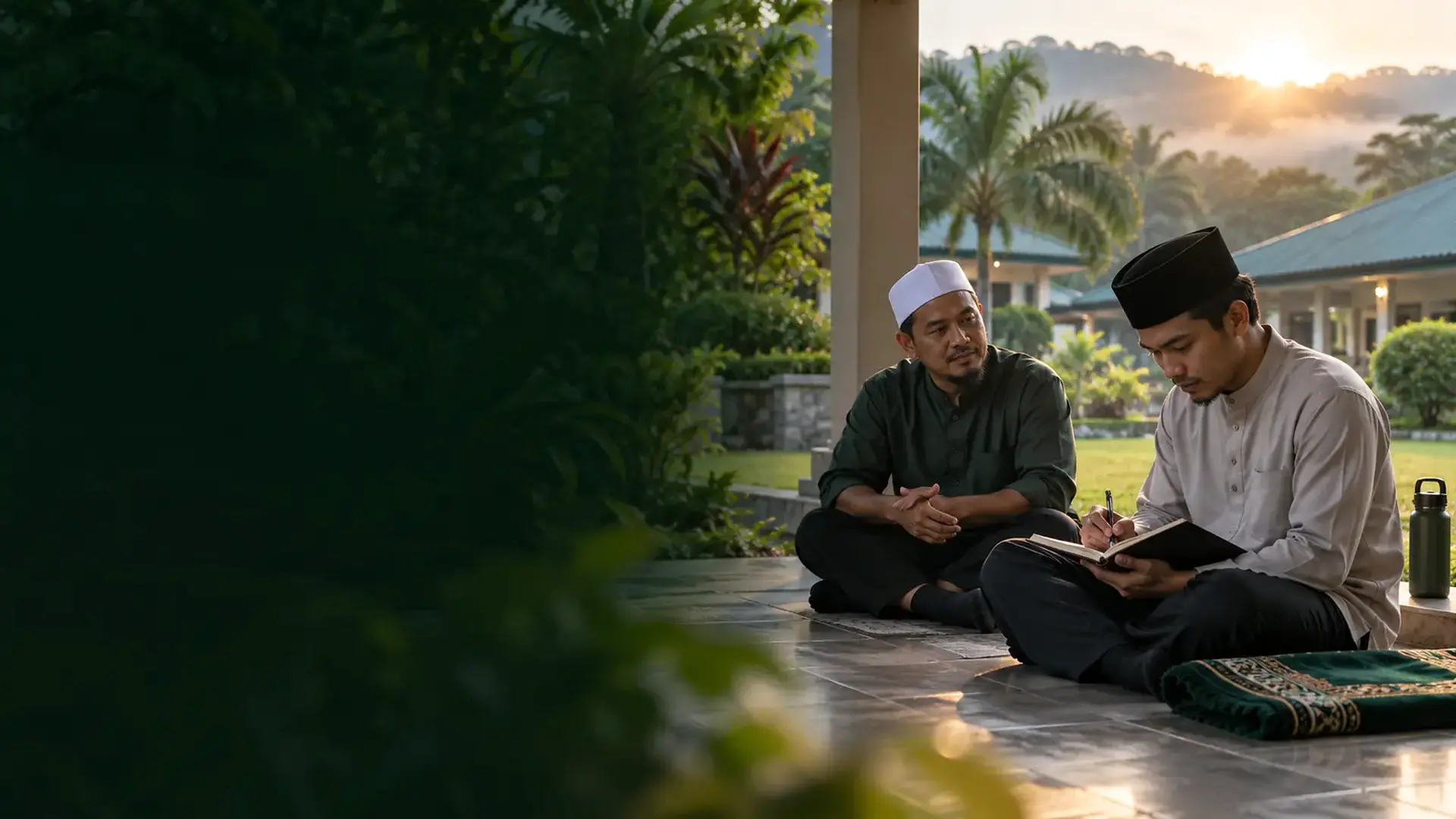 Seorang Ikhwan menulis muhasabah bersama pembimbing dalam suasana pemulihan yang tenang