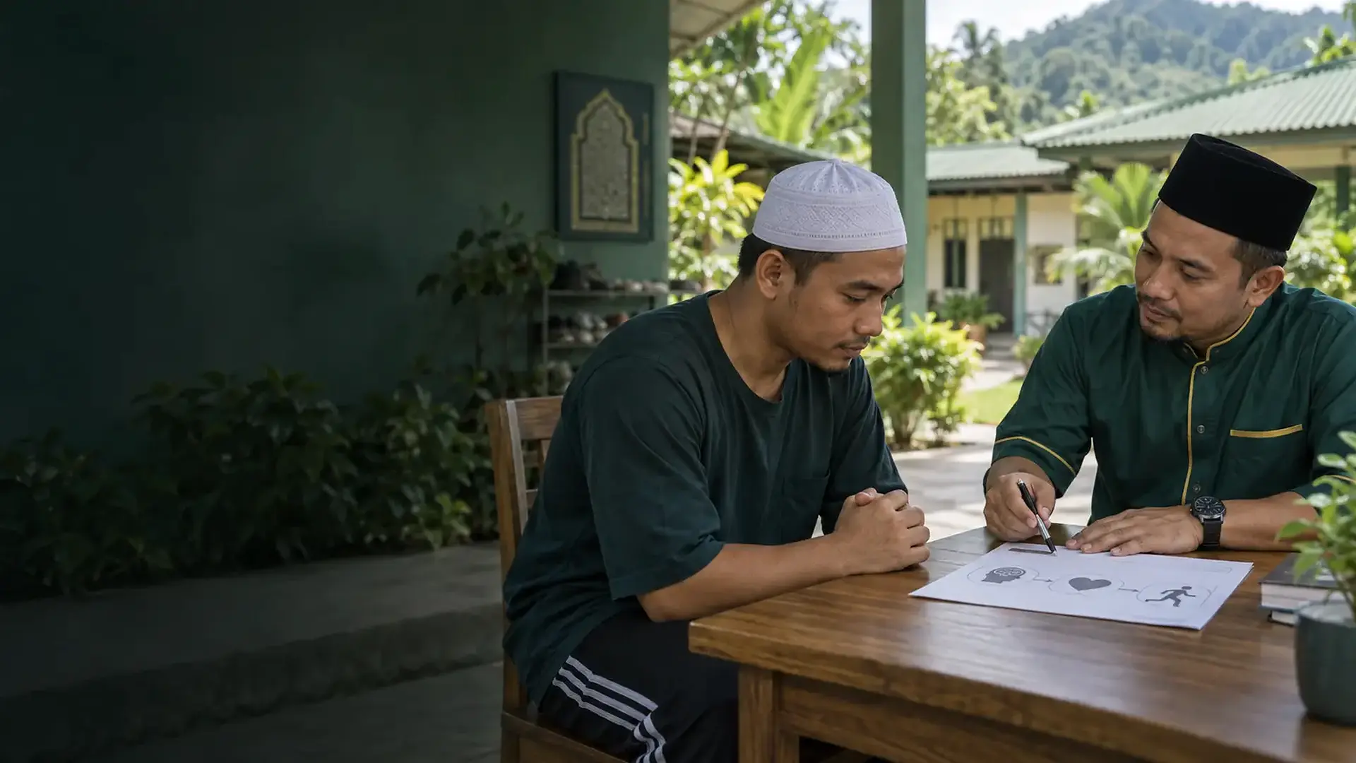 Seorang Ikhwan mengikuti sesi bimbingan psikologi dan pendidikan pemulihan bersama pembimbing